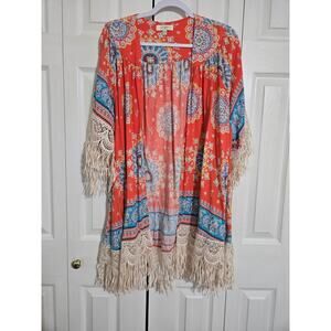 Umgee 1xl 2xl women's open front long kimono with crochet lace fringe